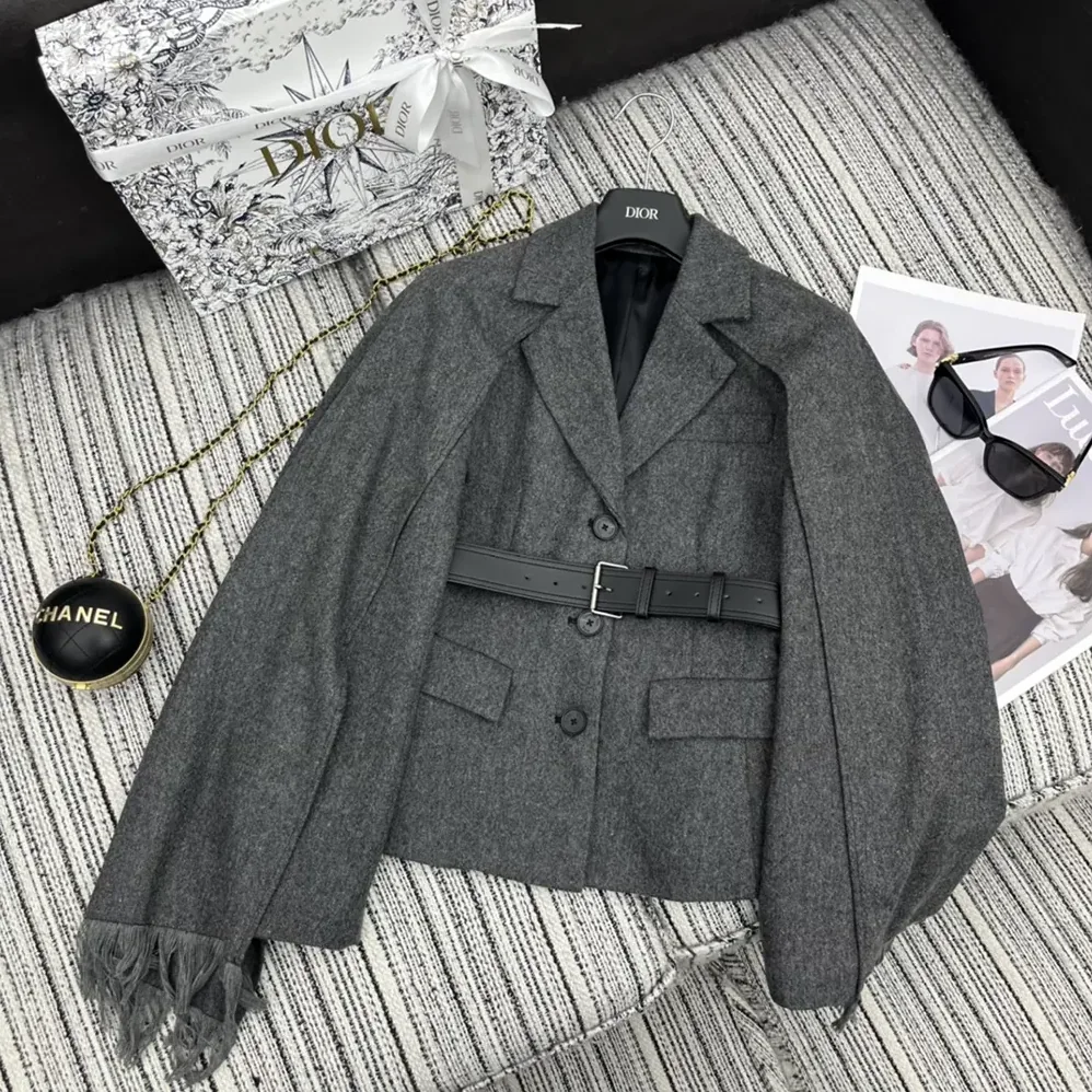 Dior Belted Jacket with Removable Scarf Gray Virgin Wool Tweed for Women