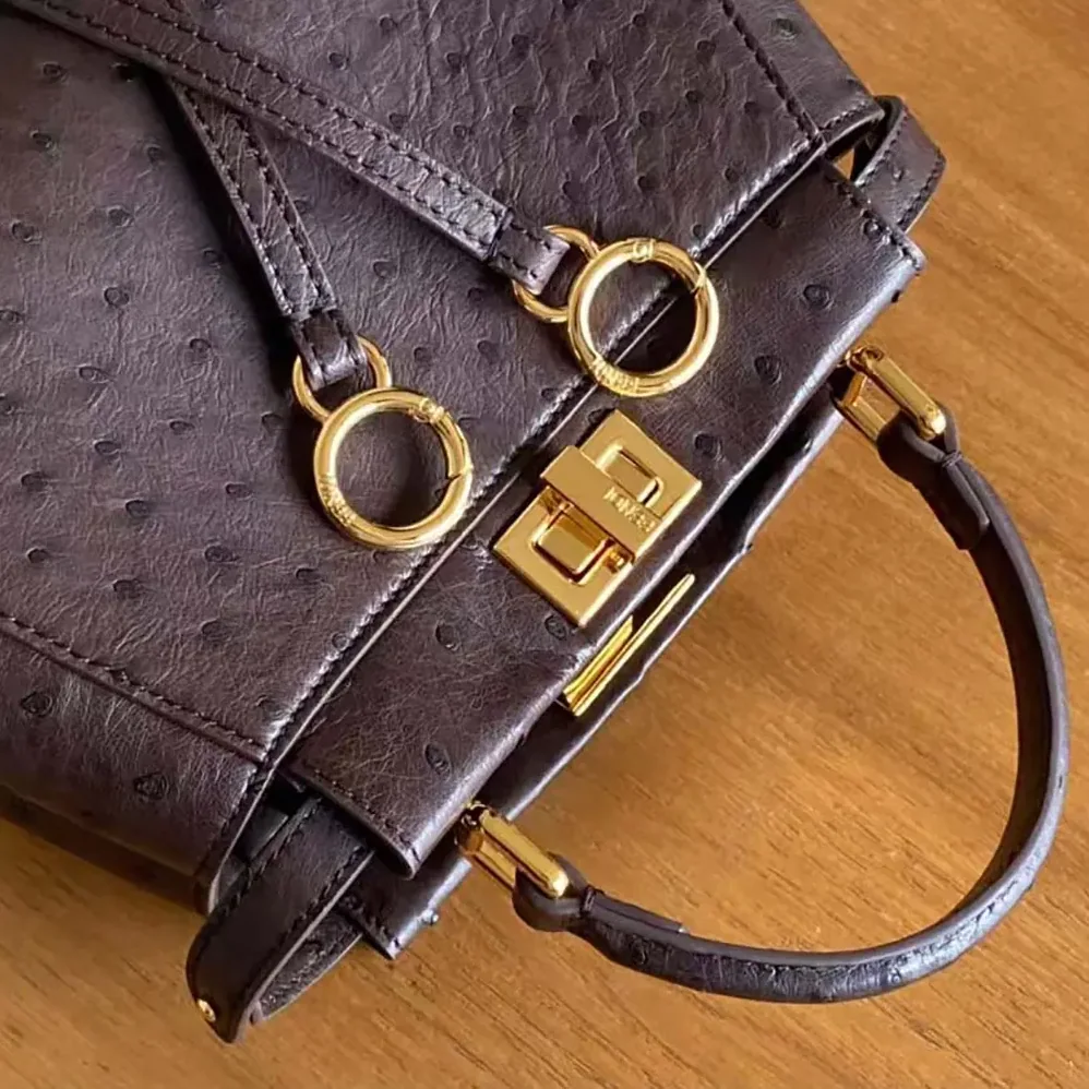 Fendi Peekaboo Iconic Mini Bordeaux Ostrich Leather Bag for Women Fendi Peekaboo Iconic Mini Bordeaux Ostrich Leather Bag for Women