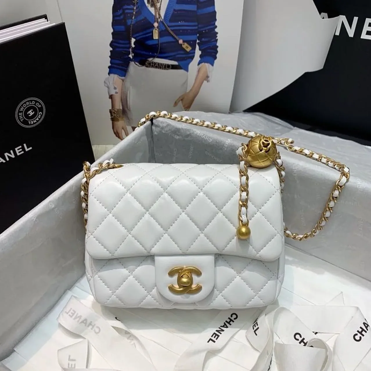 Chanel Flap Bag With CC Ball On Strap Mini Crossbody in White Gold Hardware Chanel Flap Bag With CC Ball On Strap Mini Crossbody in White Gold Hardware