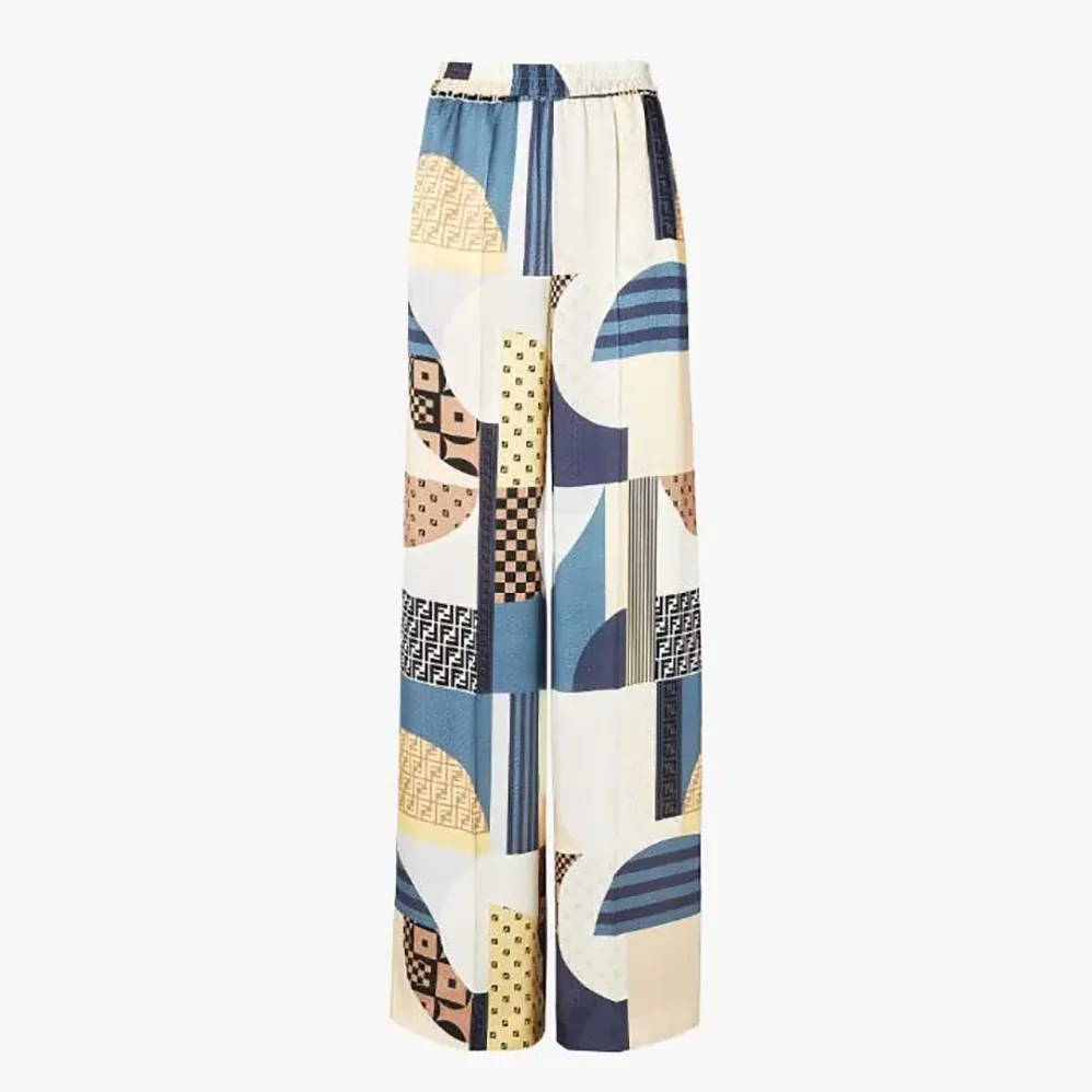 Fendi Blue Silk Pants with Patchwork Print for Women Fendi Blue Silk Pants with Patchwork Print for Women