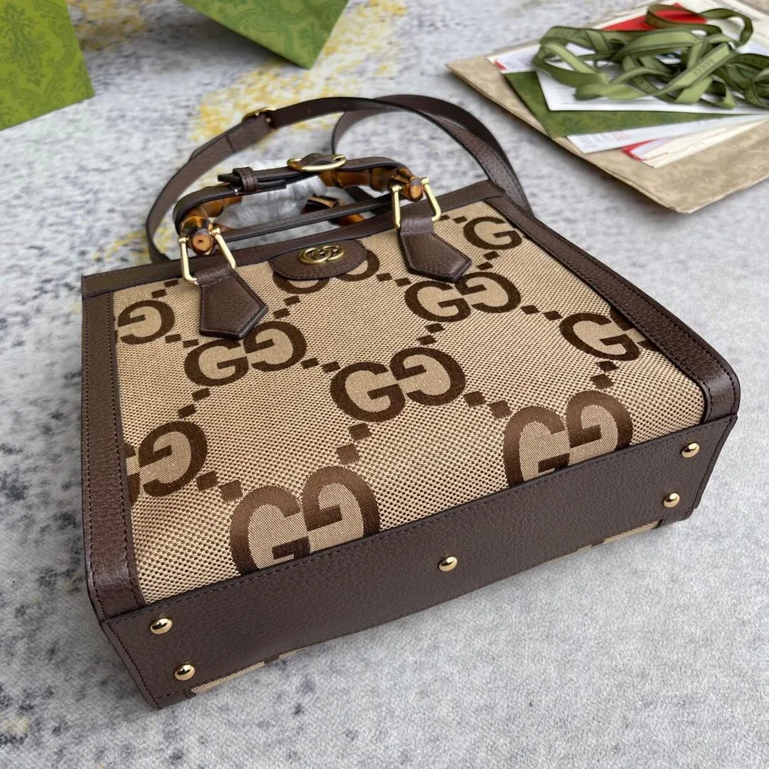 Gucci Diana Jumbo GG Small Tote Bag Camel And Ebony Jumbo GG Canvas Brown /