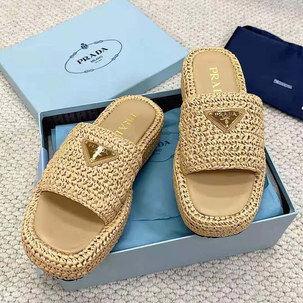 Prada Crochet Flatform Slides with Enameled Metal Triangle Logo for Women in Beige Prada Crochet Flatform Slides with Enameled Metal Triangle Logo for Women in Beige