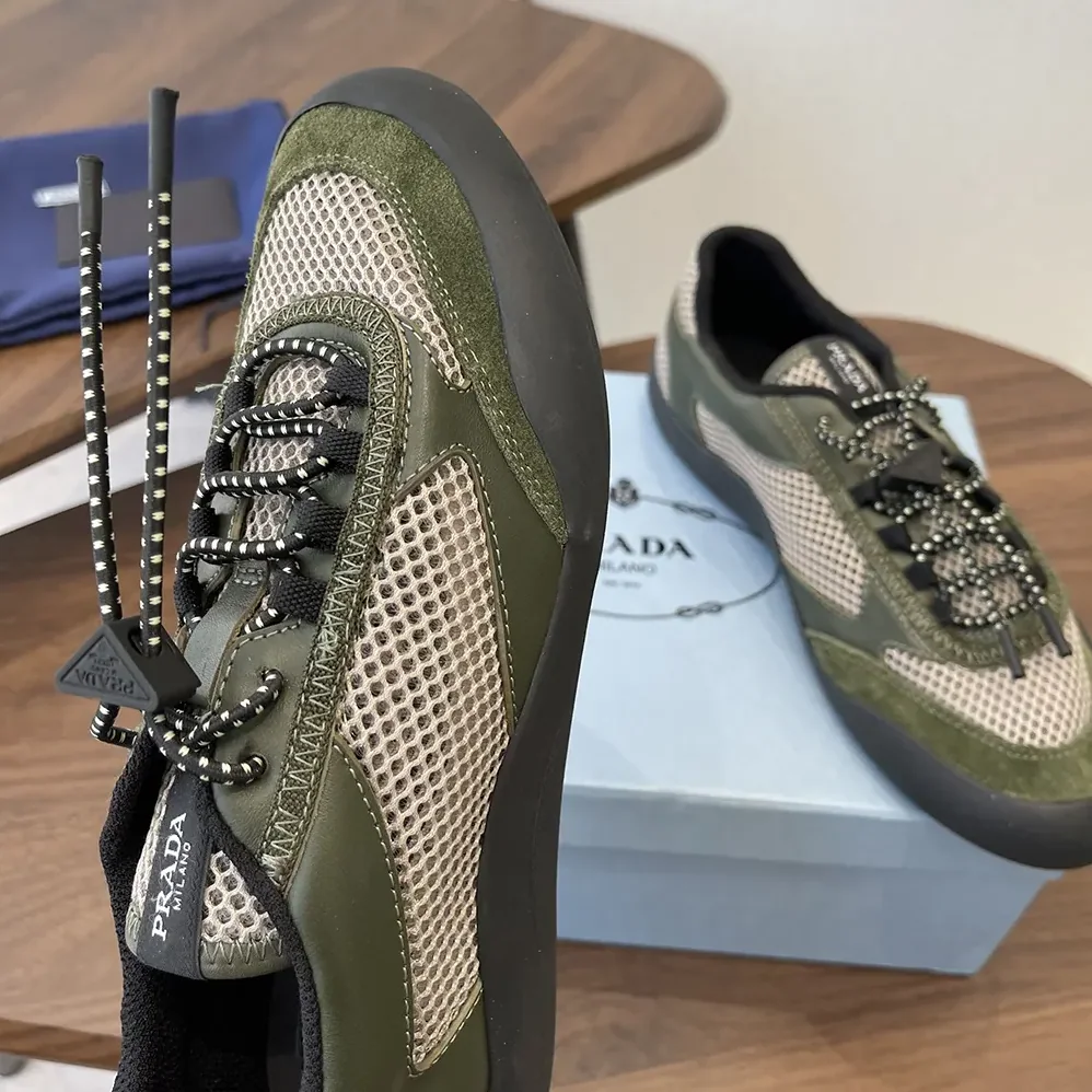 Prada Speedrock Leather And Mesh Fabric Sneakers for Unisex in Dark Green