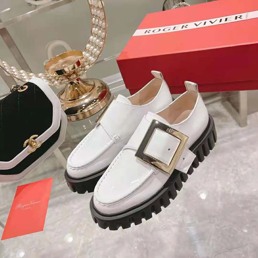 Roger Vivier Viv' Go-Thick Metal Buckle Loafers in Patent Leather for Women in White Roger Vivier Viv' Go-Thick Metal Buckle Loafers in Patent Leather for Women in White