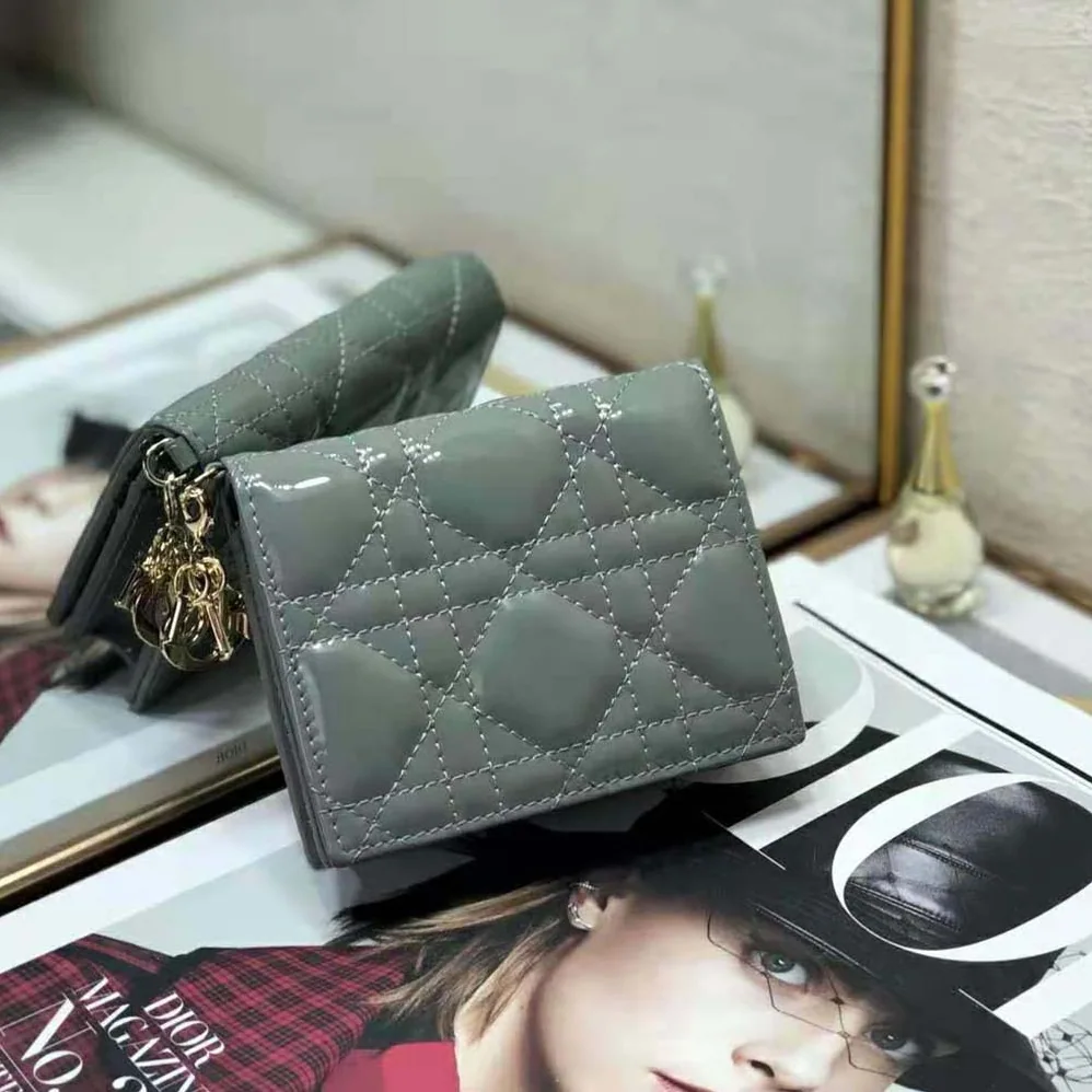 Dior Mini Lady Dior Wallet Patent Cannage Calfskin for Women in Navy
