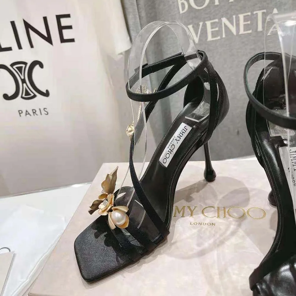 Jimmy Choo Zea 95 Black Satin Sandals with Metal Flowers-ZEA95BGU for Women Jimmy Choo Zea 95 Black Satin Sandals with Metal Flowers-ZEA95BGU for Women
