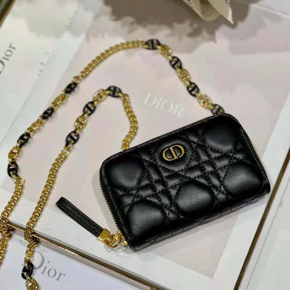 Dior Caro Detachable Card Holder Black Supple Cannage Calfskin for Women