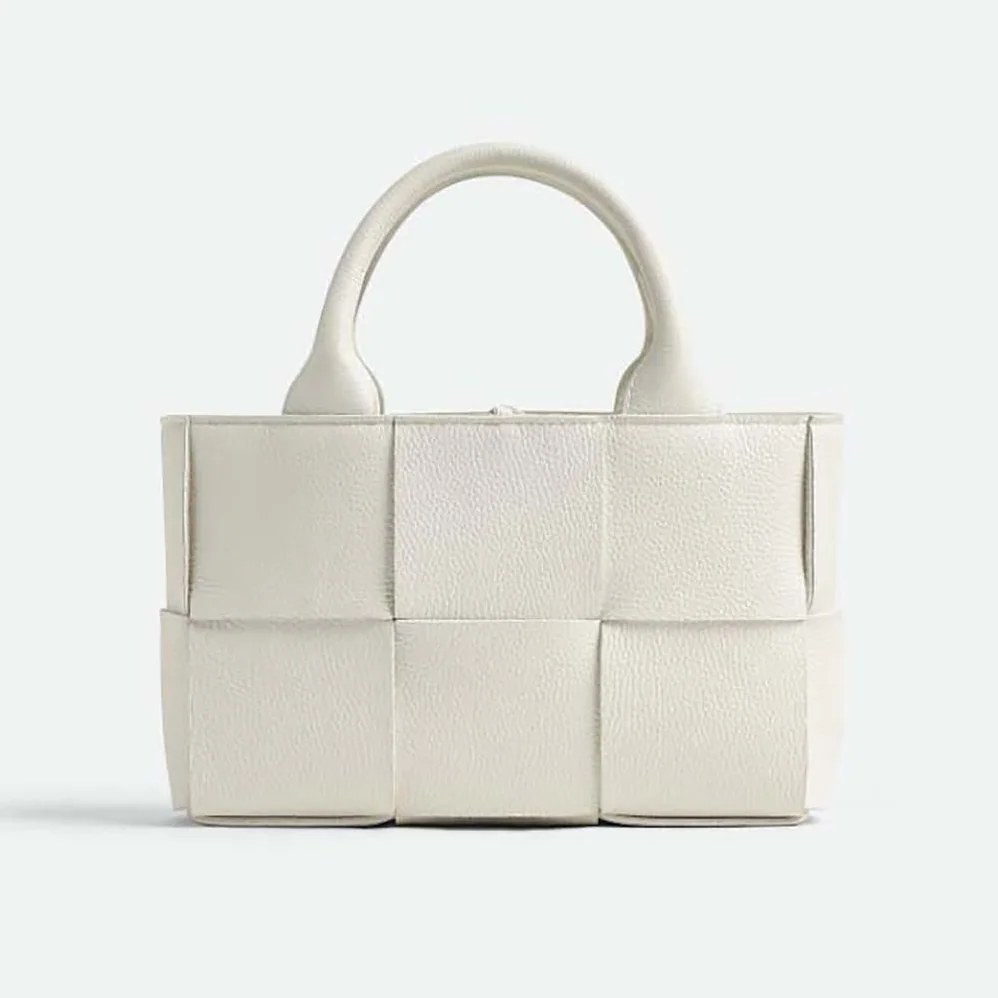Bottega Veneta Candy Arco Tote Bag Micro Intreccio Grained Leather Tote Bag with Detachable Strap for Women in White