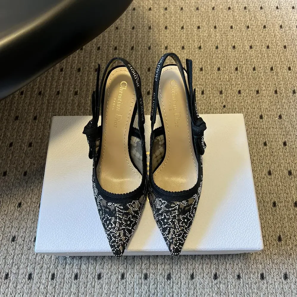 Dior J'Adior Slingback Pump Transparent Mesh Embroidered with Black Millefiori Motif for Women