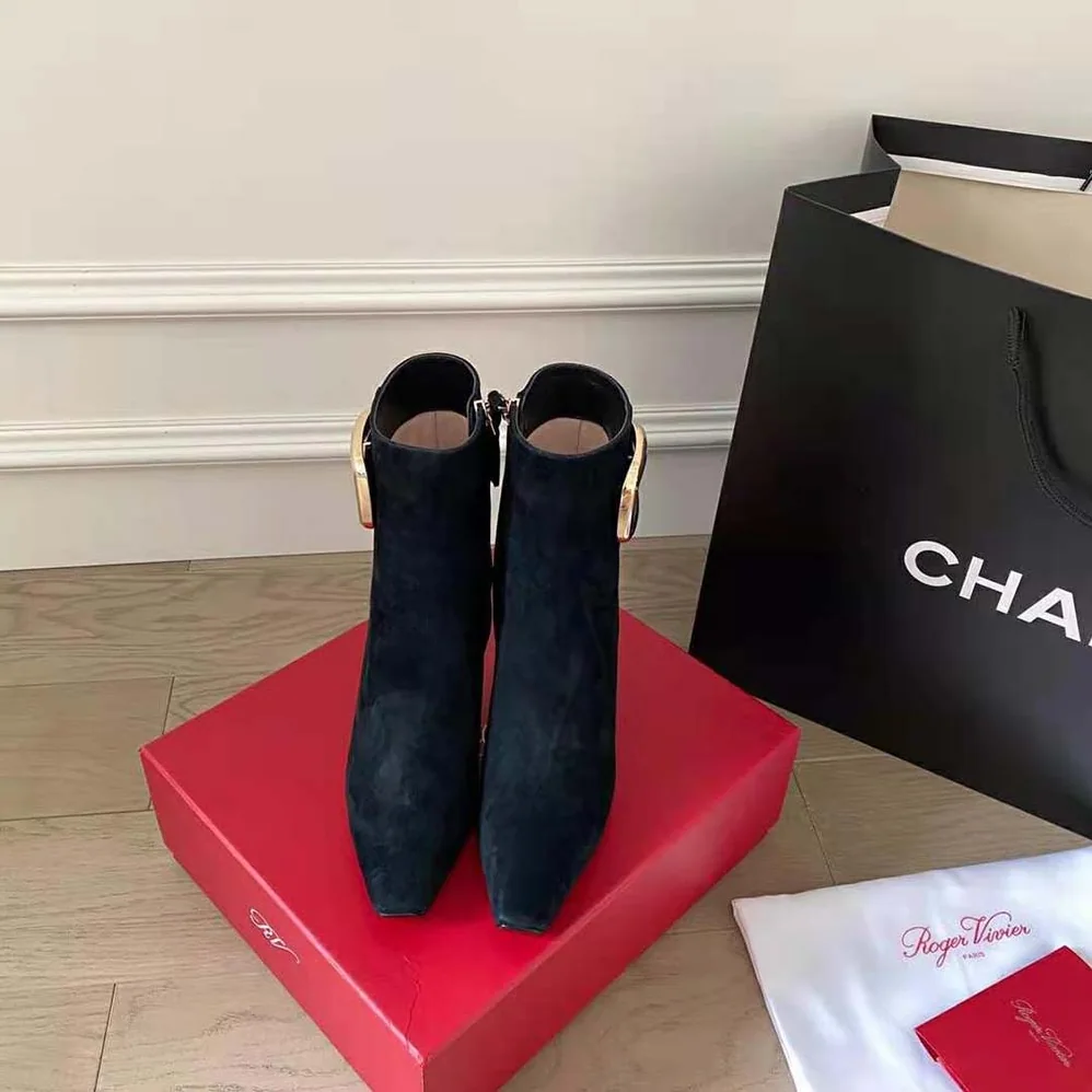 Roger Vivier Viv' Choc Metal Buckle Booties in Suede for Women in Black Roger Vivier Viv' Choc Metal Buckle Booties in Suede for Women in Black