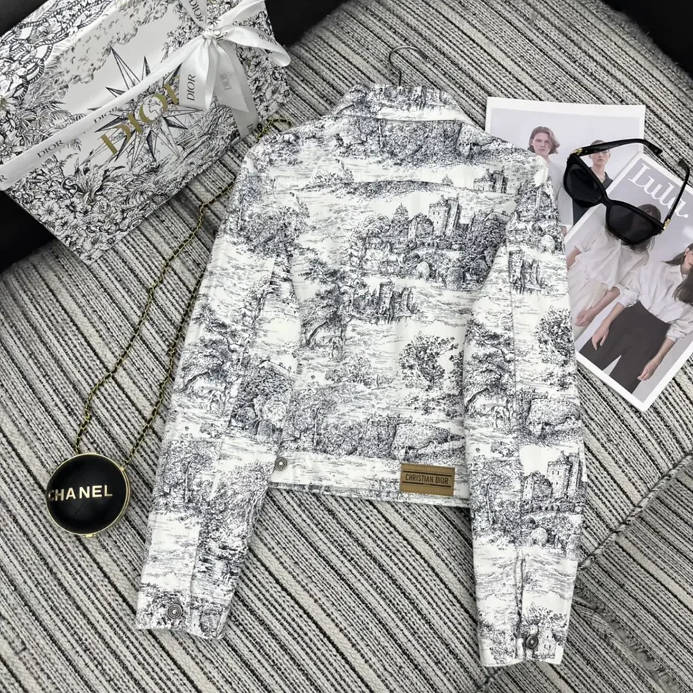 Dior Jacket White Cotton Denim with Blue Toile de Jouy Scotland Motif for Women Dior Jacket White Cotton Denim with Blue Toile de Jouy Scotland Motif for Women