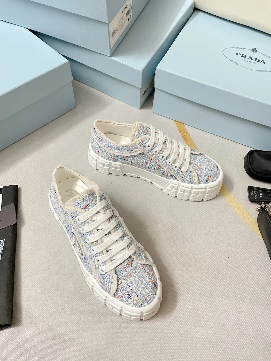 Prada Double Wheel Gabardine Sneakers Light Blue in PRD