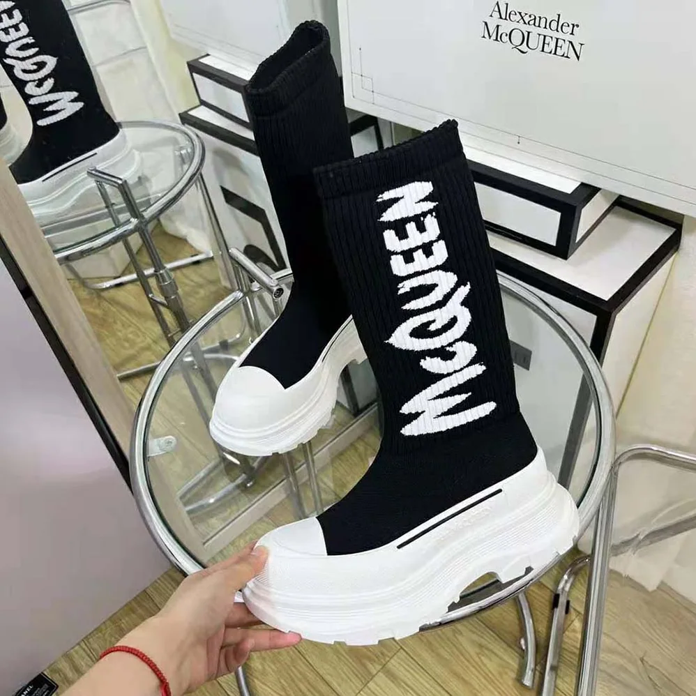 Alexander Mcqueen McQueen Graffiti Knit Tread Slick Boot in Black for Women in White Alexander Mcqueen McQueen Graffiti Knit Tread Slick Boot in Black for Women in White