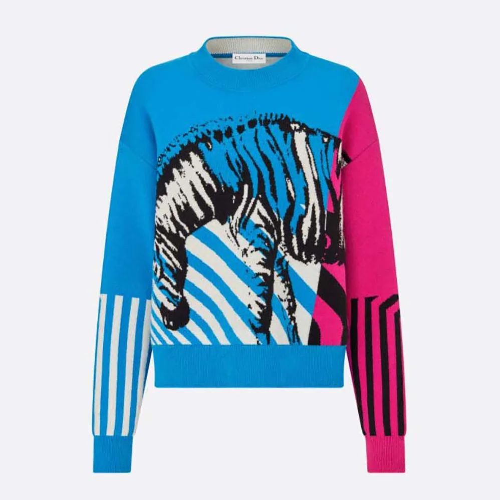 Dior Sweater Bright Blue and Pink D-Jungle Pop Double for Women in Sided Technical Cashmere