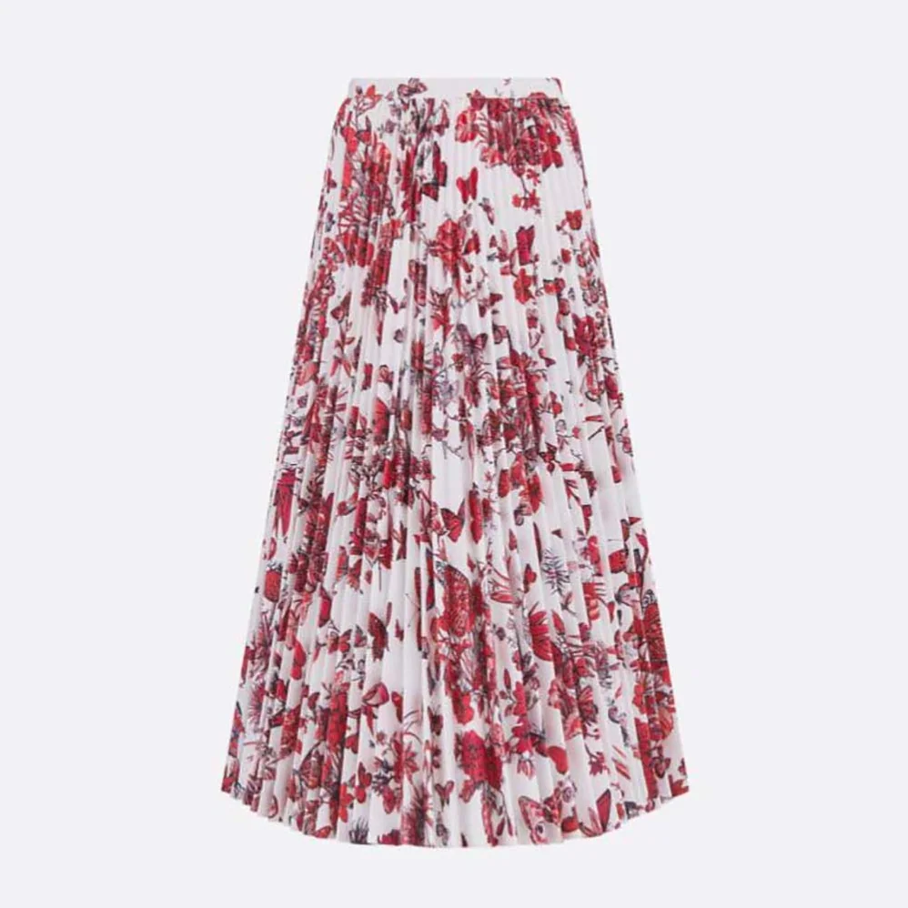 Dior Mid-Length Pleated Skirt White Cotton Denim with Red Toile de Jouy Mexico Motif for Women Dior Mid-Length Pleated Skirt White Cotton Denim with Red Toile de Jouy Mexico Motif for Women