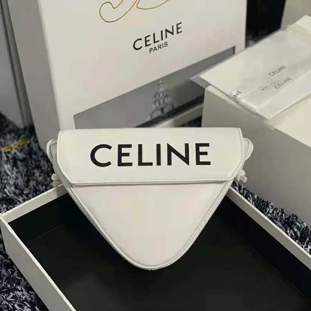 Celine Triangle Bag in Smooth Calfskin with Celine Print for Women in White