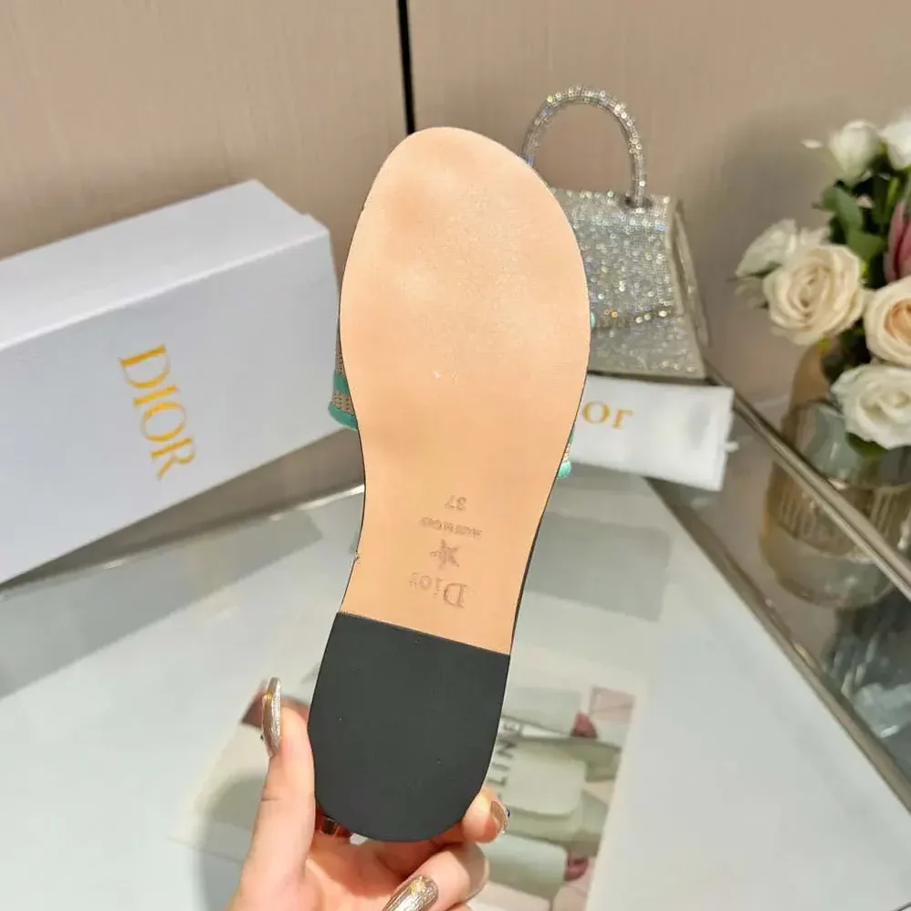Dior Dioriviera Dway Slide Natural Raffia and Aquamarina Embroidered Cotton for Women