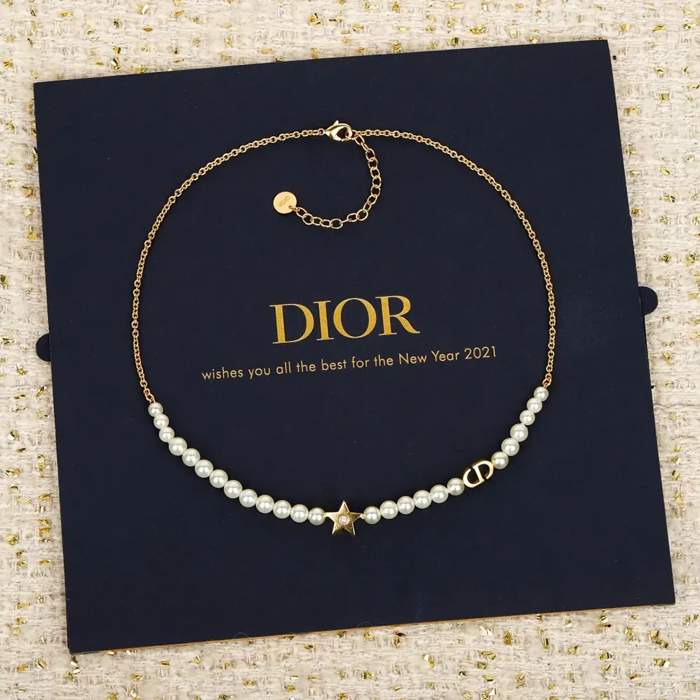 Dior Lucky Dior Necklace Gold-Finish Metal and White Resin Pearls for Women Dior Lucky Dior Necklace Gold-Finish Metal and White Resin Pearls for Women