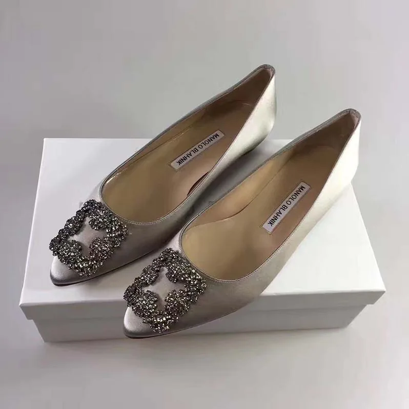 Manolo Blahnik Hangisiflat Satin Jewel Buckled Flats Shoes for Women in Grey Manolo Blahnik Hangisiflat Satin Jewel Buckled Flats Shoes for Women in Grey