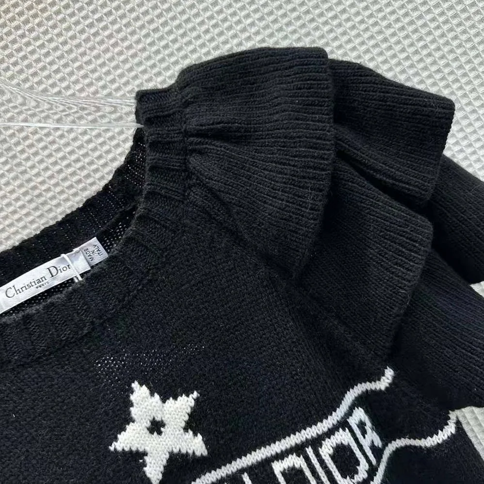 Dior Sweater with Ruffles Black Cashmere Knit with Signature for Women Dior Sweater with Ruffles Black Cashmere Knit with Signature for Women