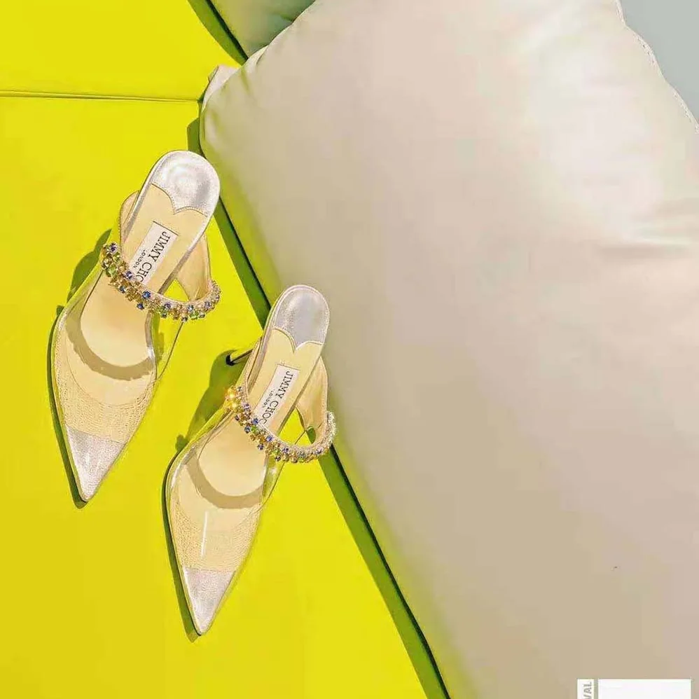Jimmy Choo Bing 100 Clear Plexi Mules with Multicoloured Crystal Strap for Women Jimmy Choo Bing 100 Clear Plexi Mules with Multicoloured Crystal Strap for Women