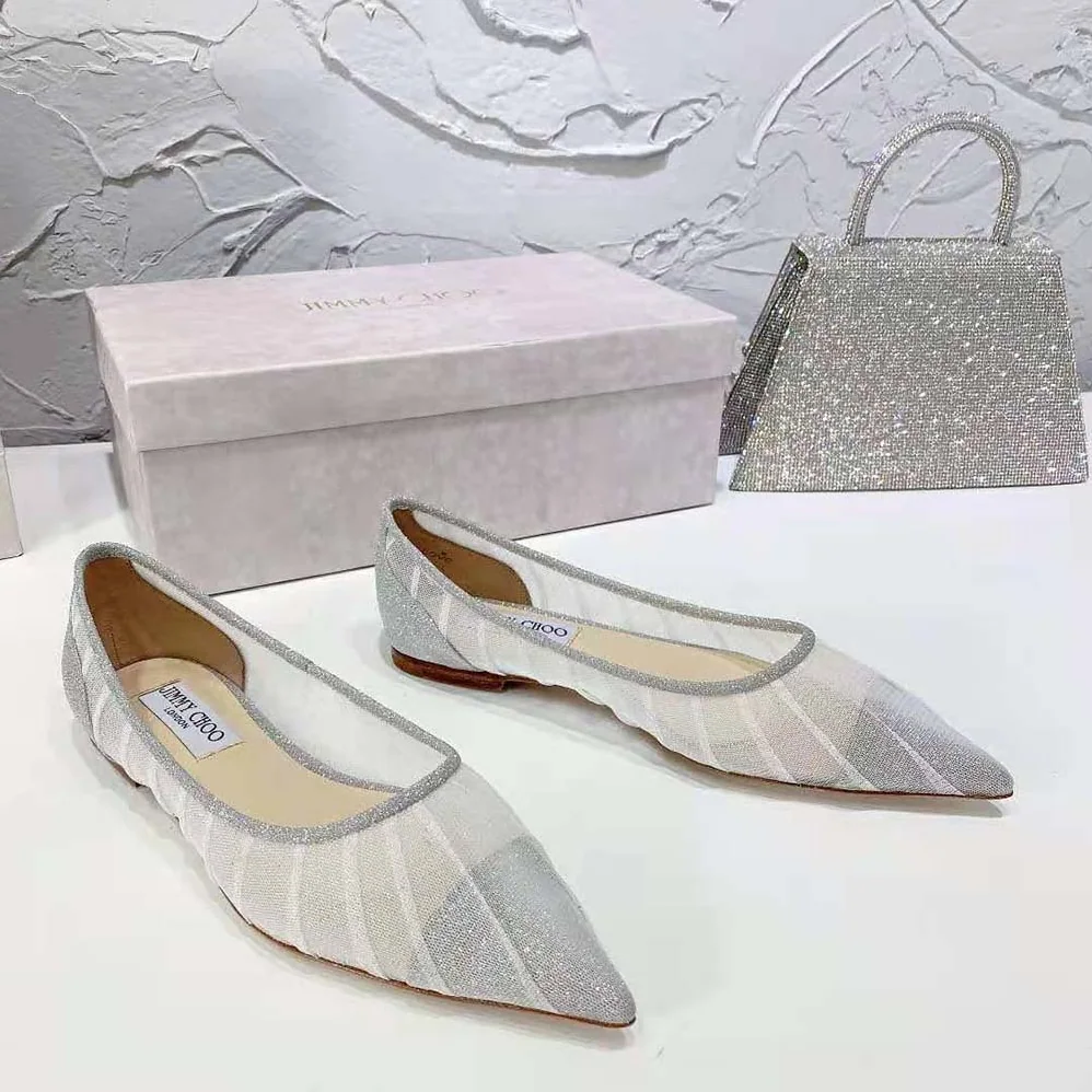 Jimmy Choo Love Flat Metallic Silver Glitter Fabric Flats for Women Jimmy Choo Love Flat Metallic Silver Glitter Fabric Flats for Women