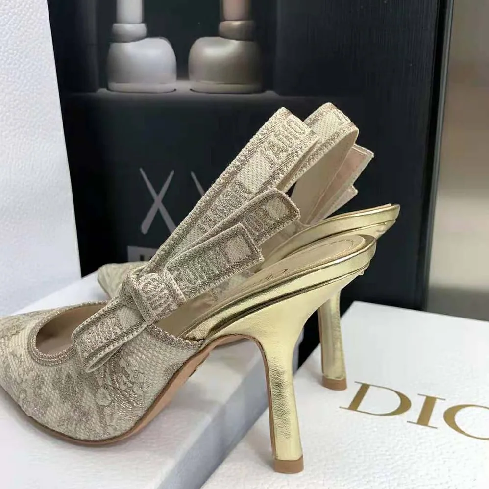 Dior J adior Slingback Pump White and Gold-Tone Toile de Jouy Embroidered Cotton for Women