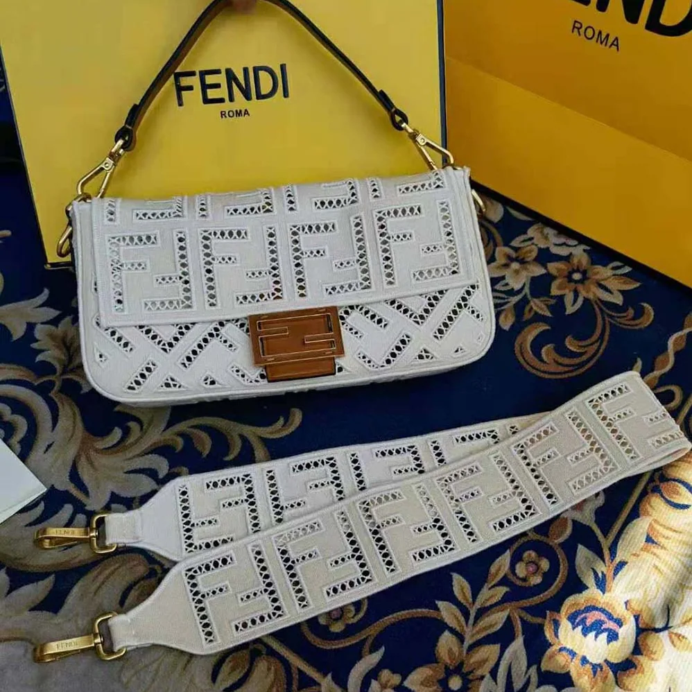 Fendi Baguette Canvas Bag with Embroidery for Women in White Fendi Baguette Canvas Bag with Embroidery for Women in White