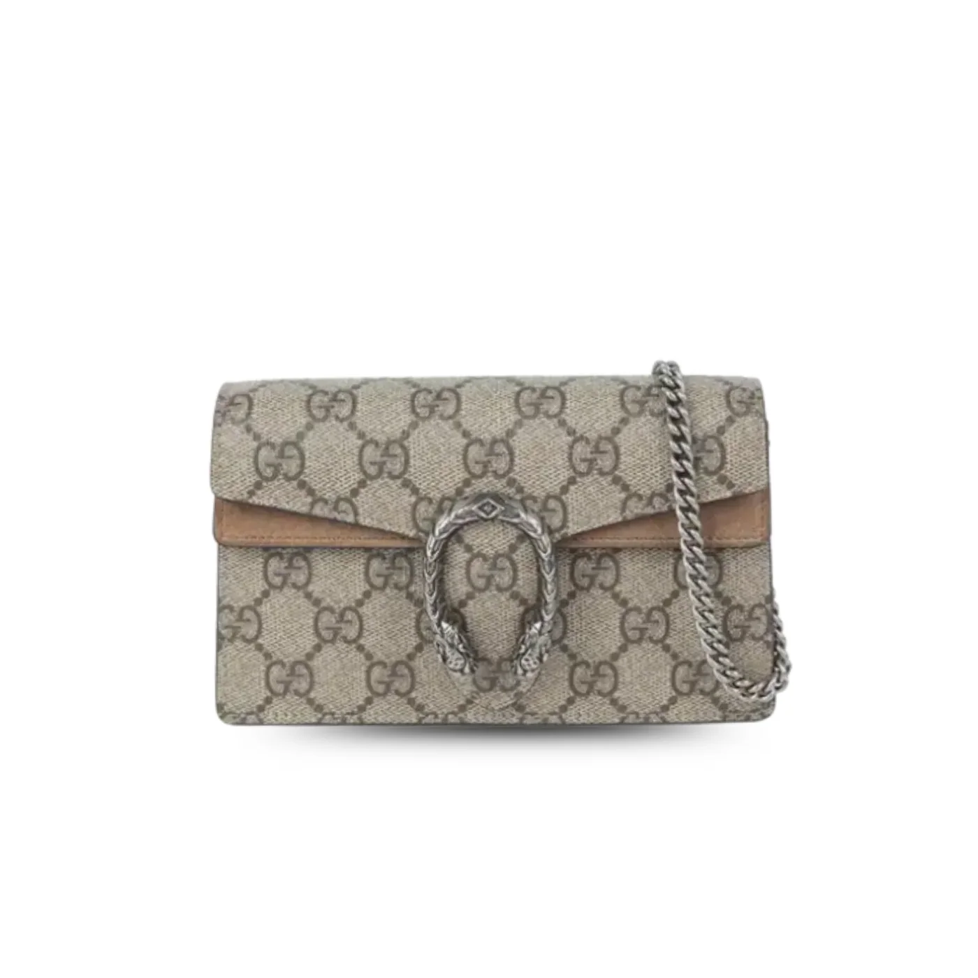 Gucci Dionysus Super Mini Shoulder Bag / Emerald GG Supreme Canvas Made Using An Earth-Conscious Process With Taupe Deta Gucci Dionysus Super Mini Shoulder Bag / Emerald GG Supreme Canvas Made Using An Earth-Conscious Process With Taupe Deta
