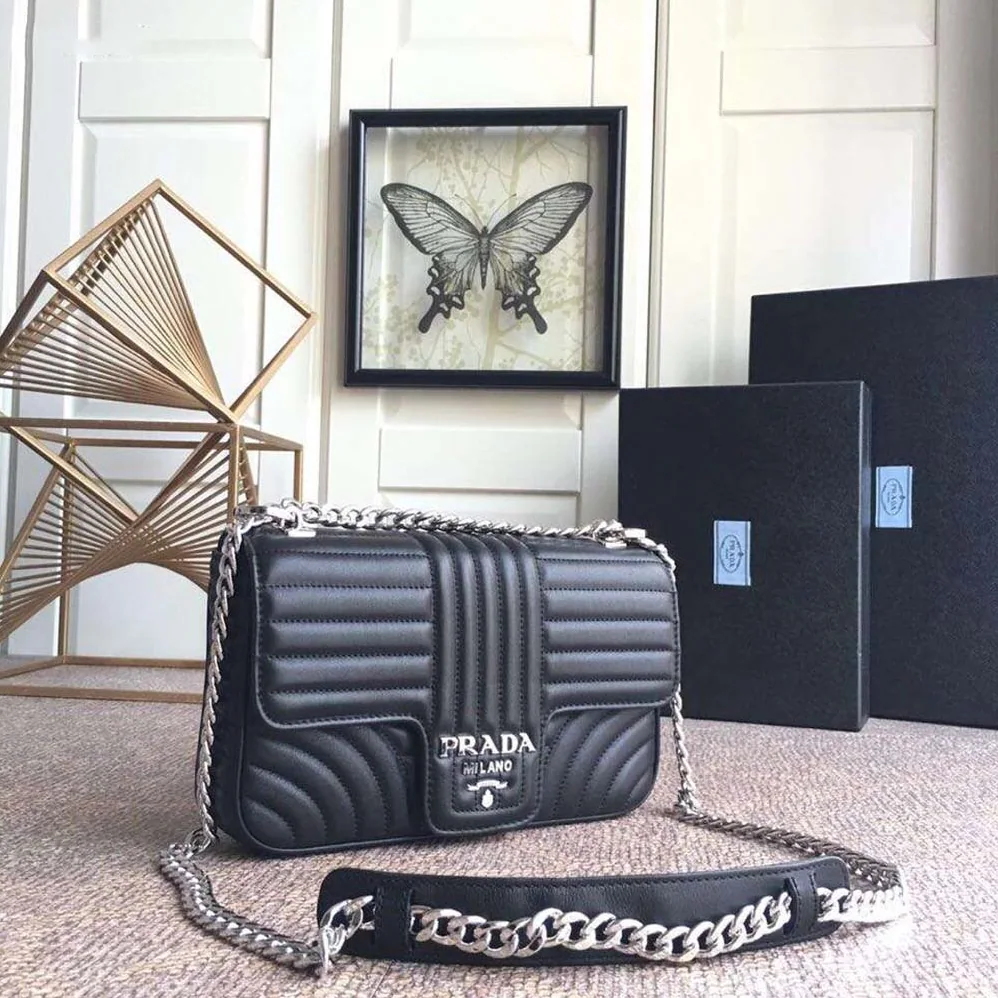 Prada Diagramme Leather Shoulder Bag for Women in Black Prada Diagramme Leather Shoulder Bag for Women in Black