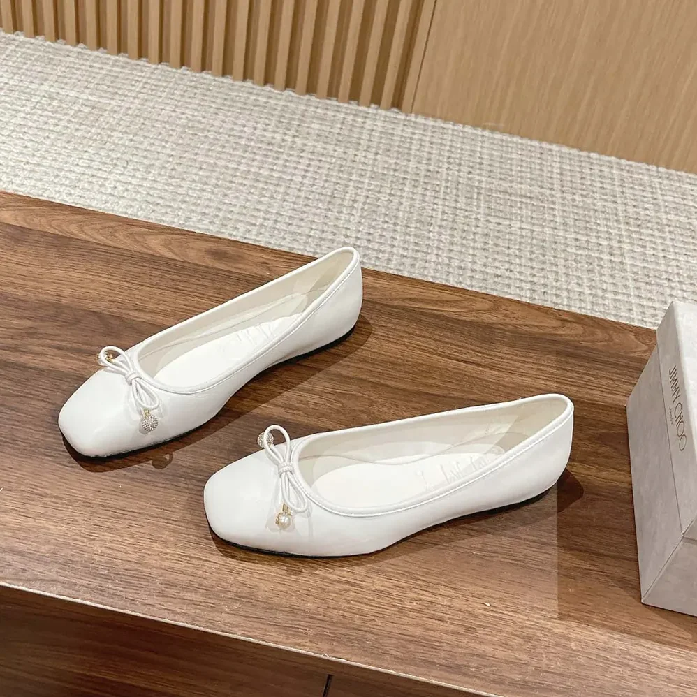 Jimmy Choo Elme Flat Latte Nappa Leather Flats with Pearl Embellishment for Women Jimmy Choo Elme Flat Latte Nappa Leather Flats with Pearl Embellishment for Women