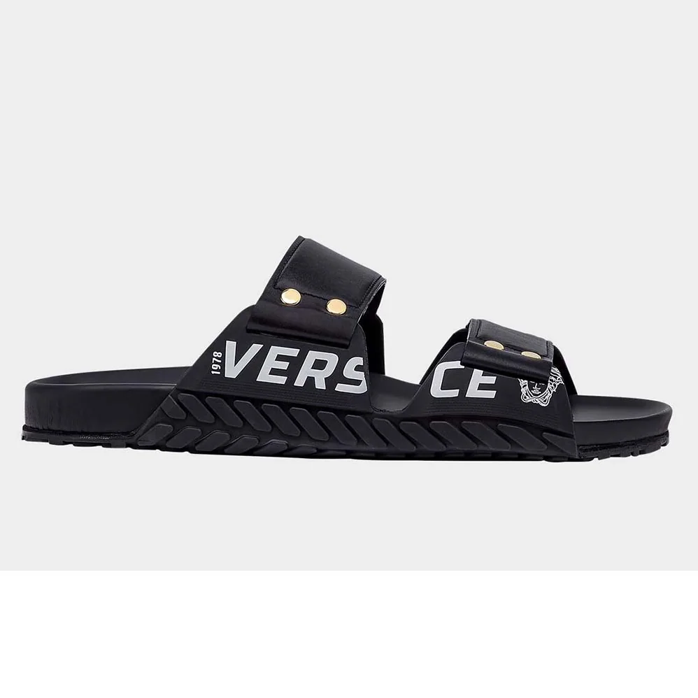 Versace Speed Logo Leather Sandals for Men in Black Versace Speed Logo Leather Sandals for Men in Black
