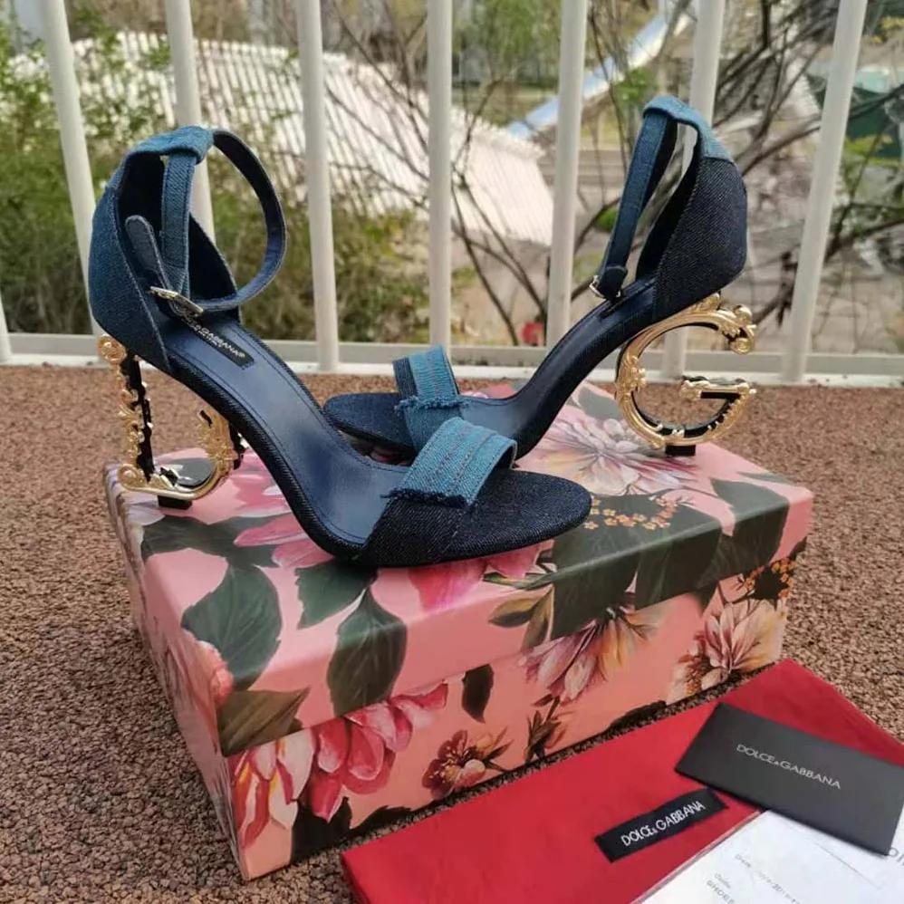 Dolce Gabbana D&G Patchwork Denim Sandals with Baroque DG Heel for Women Dolce Gabbana D&G Patchwork Denim Sandals with Baroque DG Heel for Women