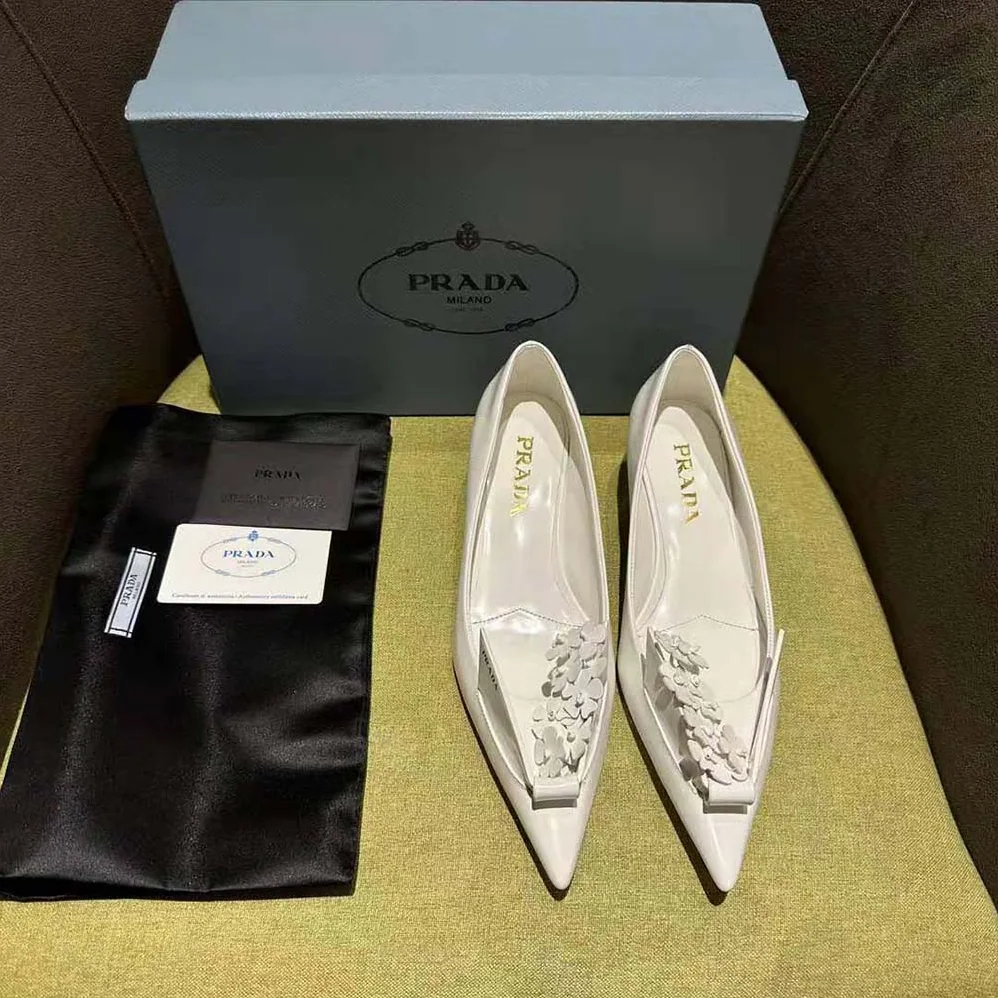 Prada Brushed Leather Pumps with Floral Appliqués for Women in White