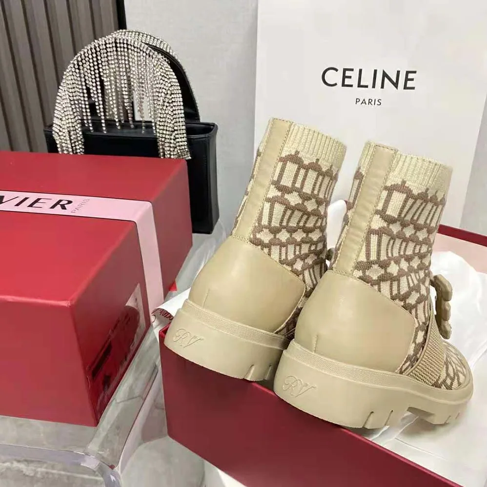 Roger Vivier Walky Viv' Rhinestone Buckle Socks Ankle Boots in Fabric for Women in Beige