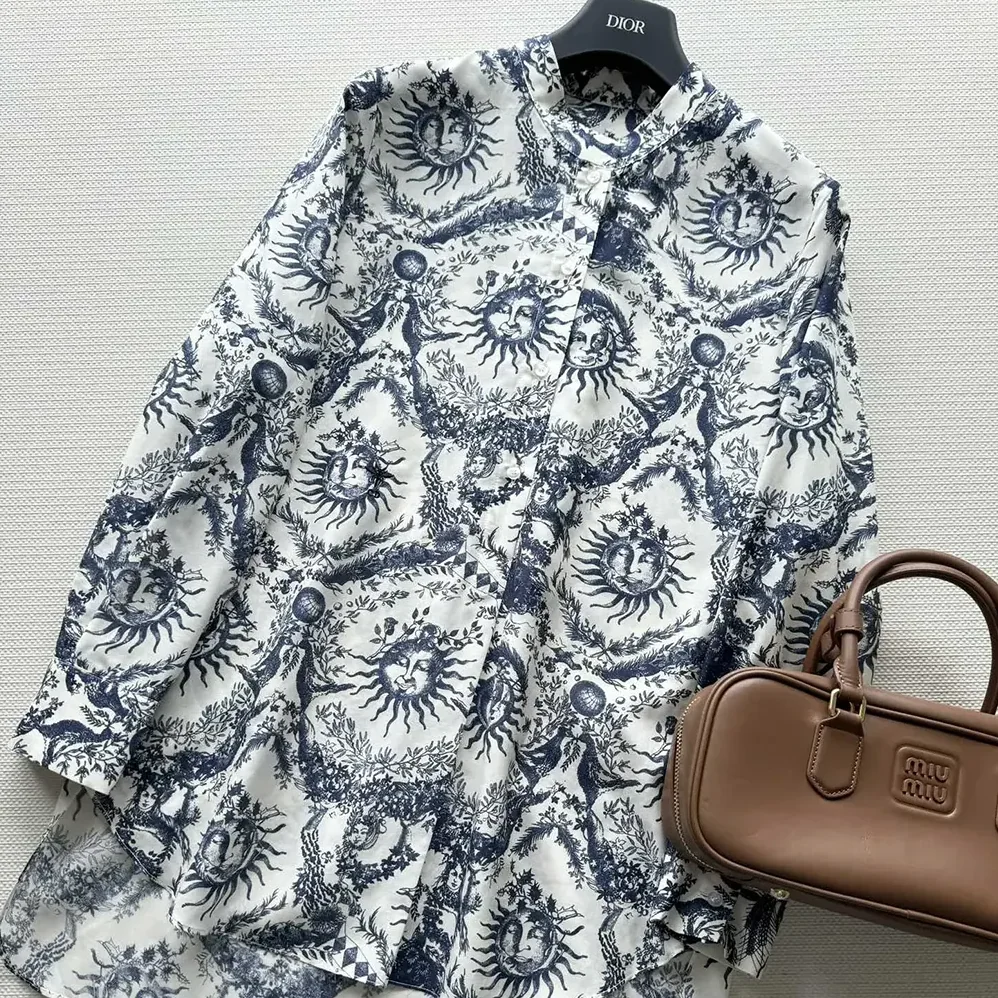 Dior Long Blouse White and Navy Blue Cotton Muslin with Toile de Jouy Soleil Motif for Women Dior Long Blouse White and Navy Blue Cotton Muslin with Toile de Jouy Soleil Motif for Women
