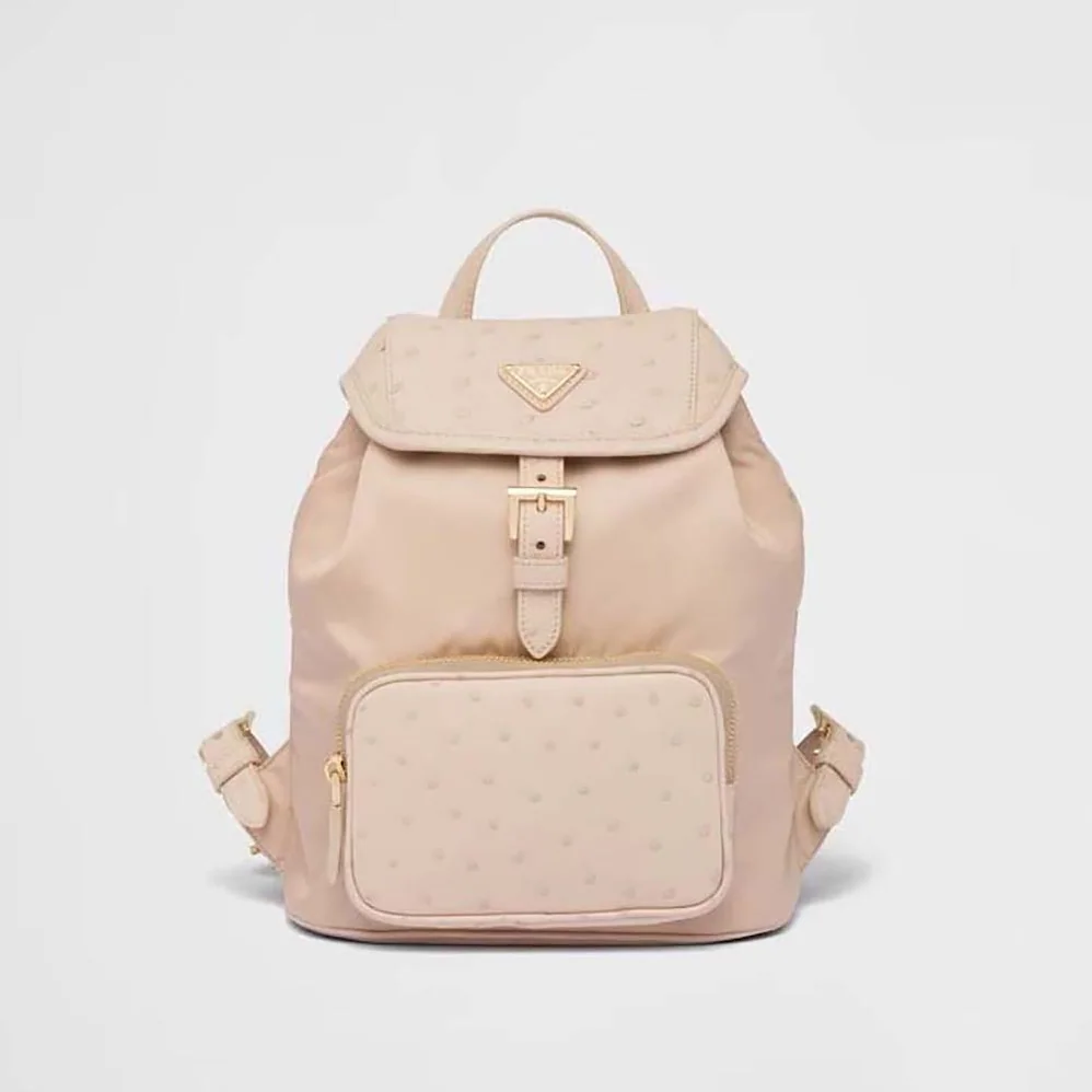Prada Re-Nylon and Ostrich Leather Backpack for Women in Pink Prada Re-Nylon and Ostrich Leather Backpack for Women in Pink