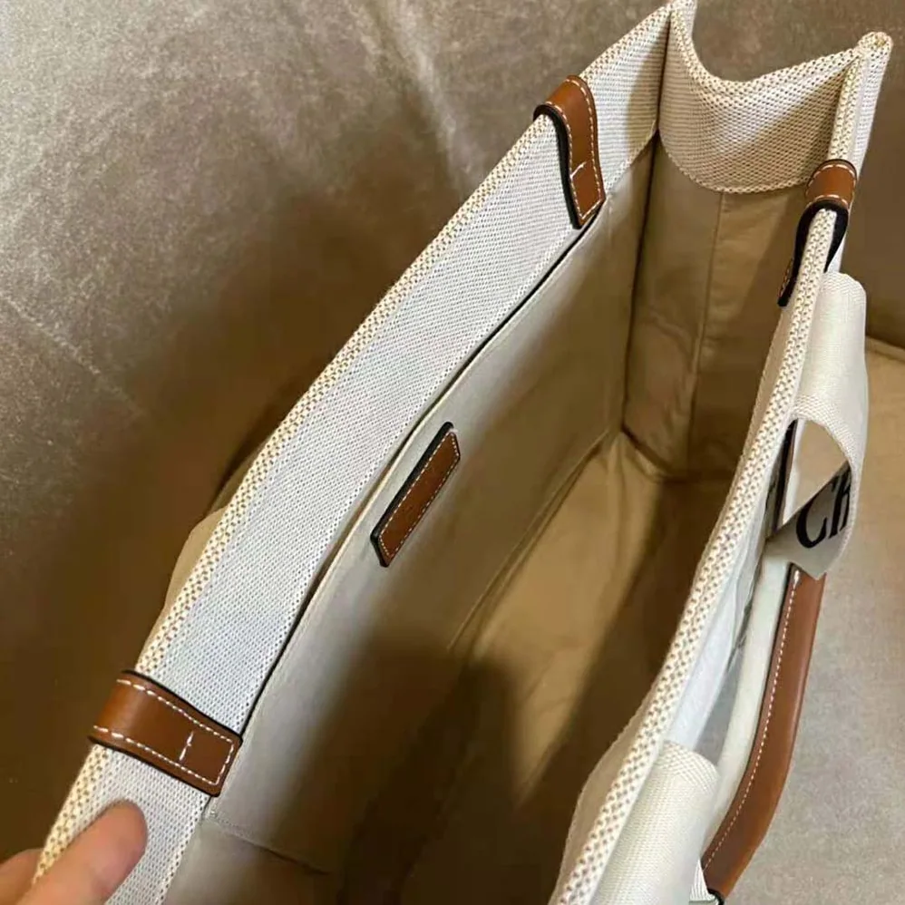 Chloe Medium Woody Tote Bag in Cotton Canvas and Shiny Calfskin with Woody Ribbo for Women in Brown Chloe Medium Woody Tote Bag in Cotton Canvas and Shiny Calfskin with Woody Ribbo for Women in Brown