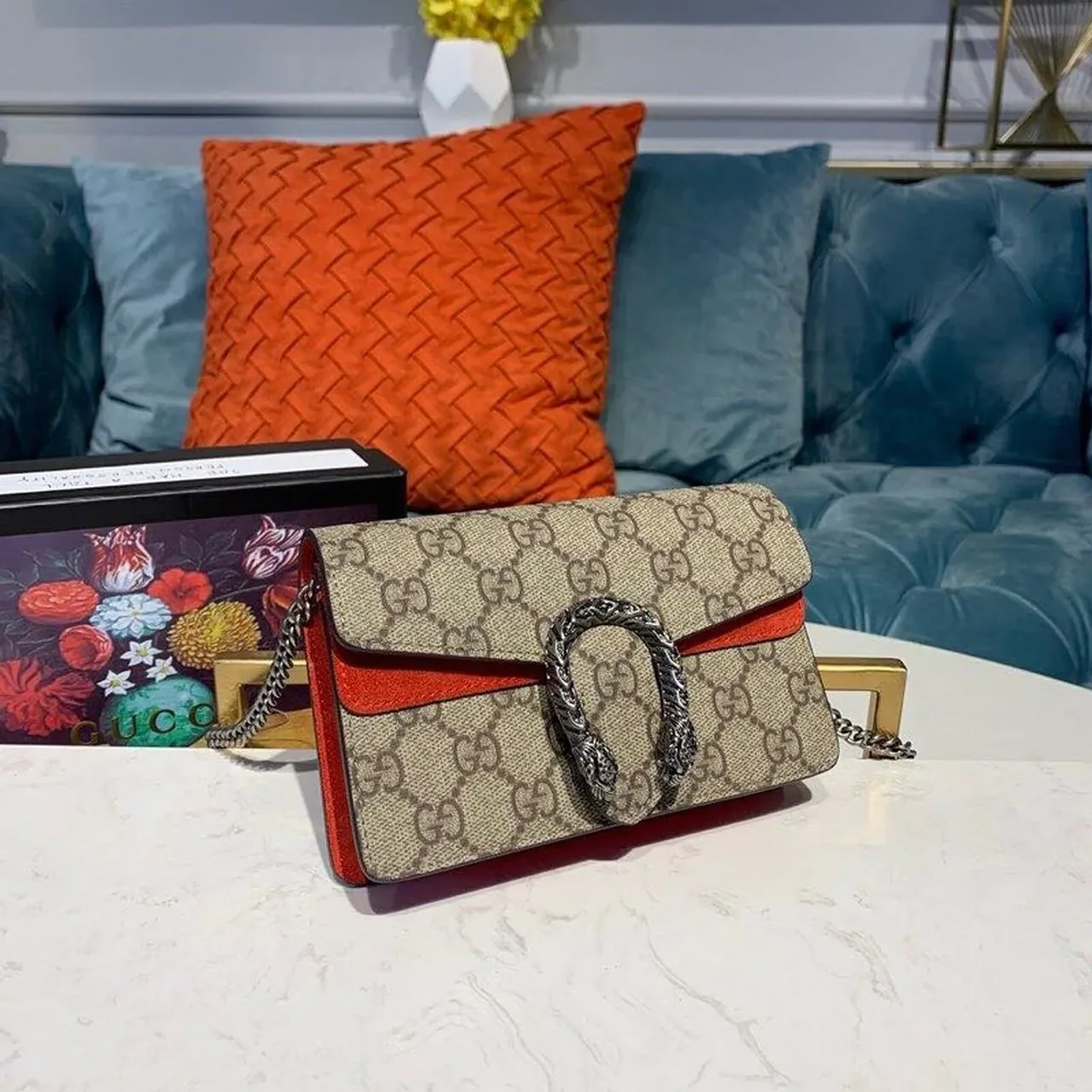 Gucci Dionysus Supreme Super Mini Bag Beige/Ebony GG Supreme Canvas Red Suede / Gucci Dionysus Supreme Super Mini Bag Beige/Ebony GG Supreme Canvas Red Suede /