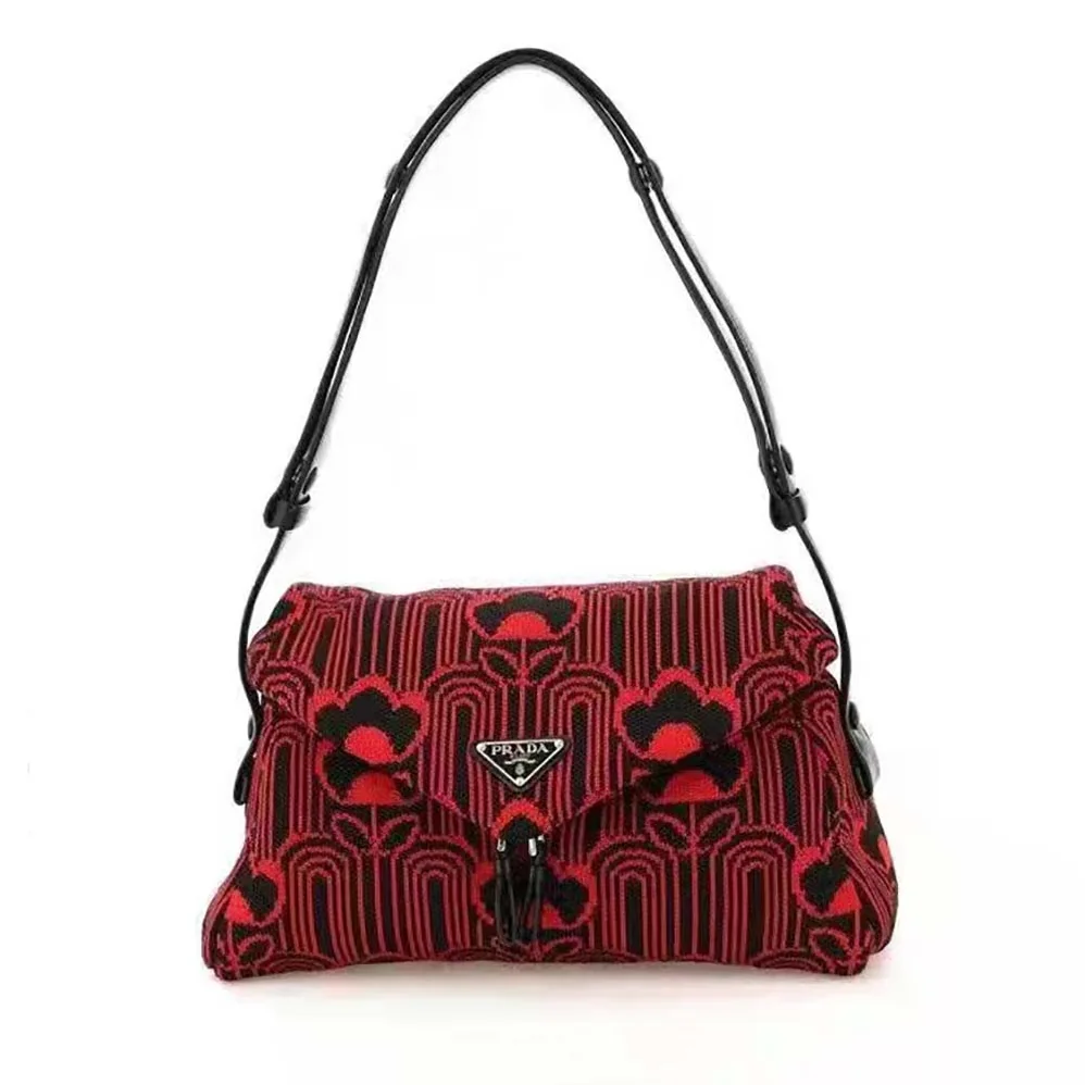 Prada Jacquard Knit and Leather Prada Signaux Bag for Women in Red Prada Jacquard Knit and Leather Prada Signaux Bag for Women in Red