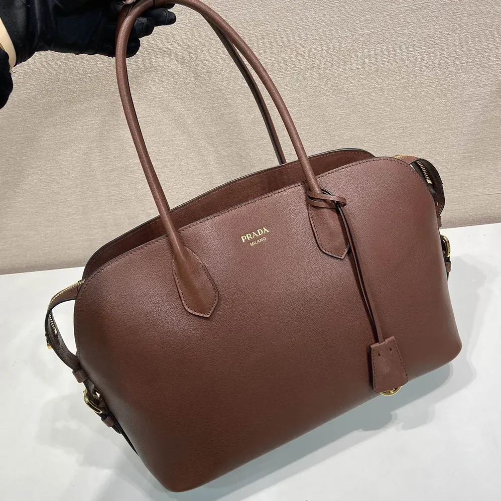 Prada Large Leather Tote Bag for Women in Dark Brown