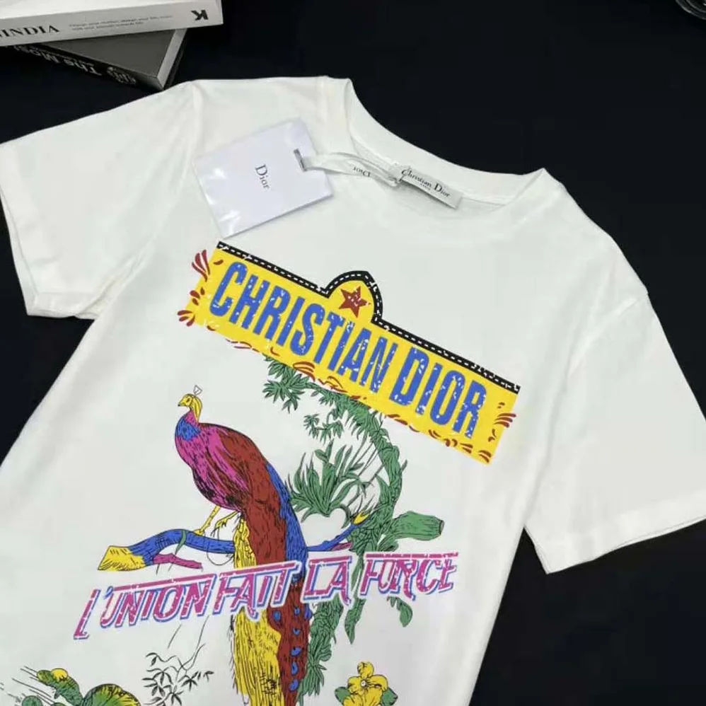 Dior T-shirt White Cotton and Linen Jersey with Multicolor Indian Animals Peacock Motif for Men