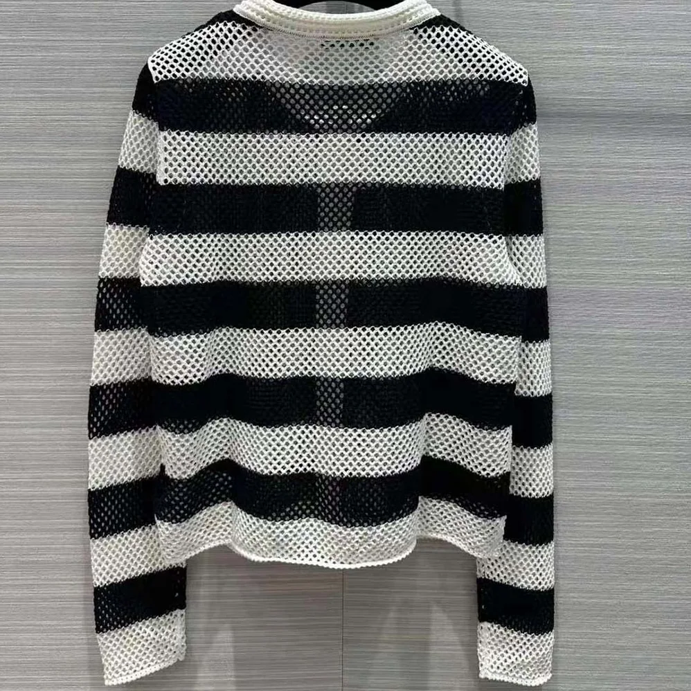 Dior Marinière Cardigan Navy Blue and White Openwork Cotton Knit for Women