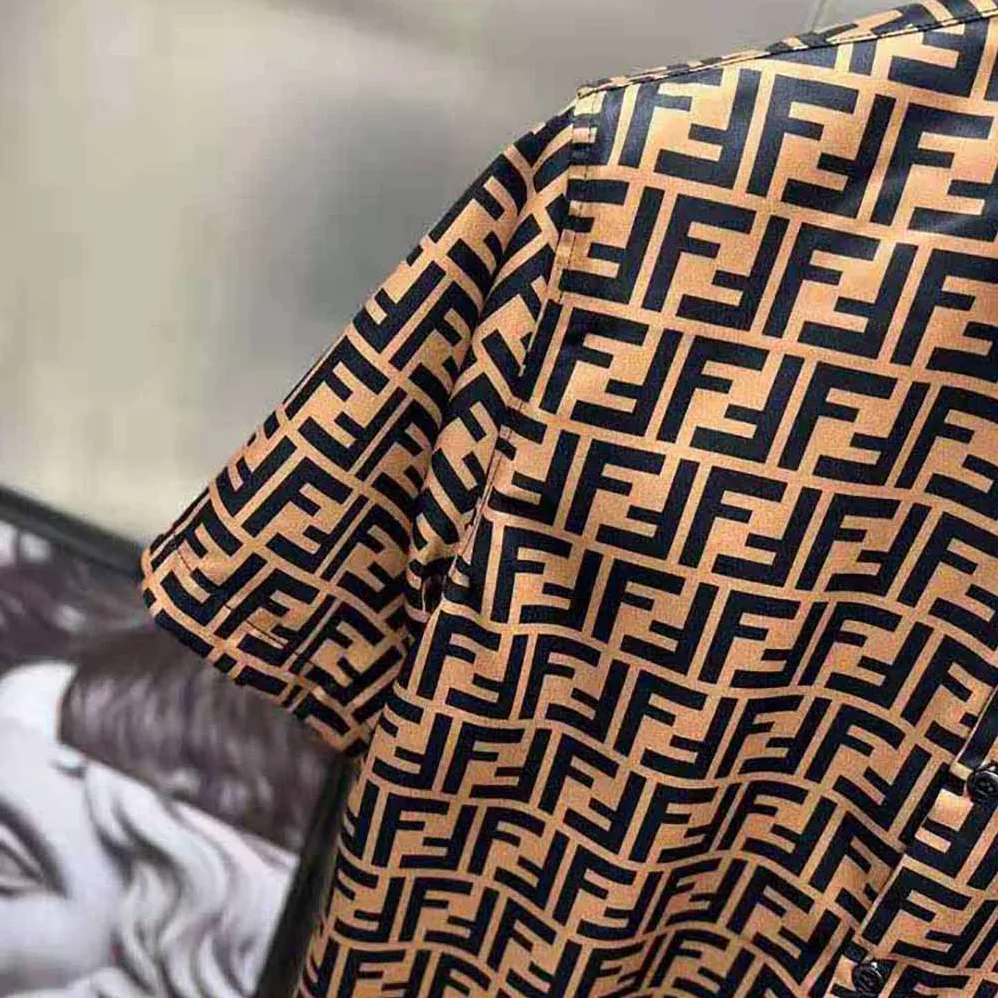 Fendi Brown Silk Shirt with FF Motif Printed All Over for Men Fendi Brown Silk Shirt with FF Motif Printed All Over for Men