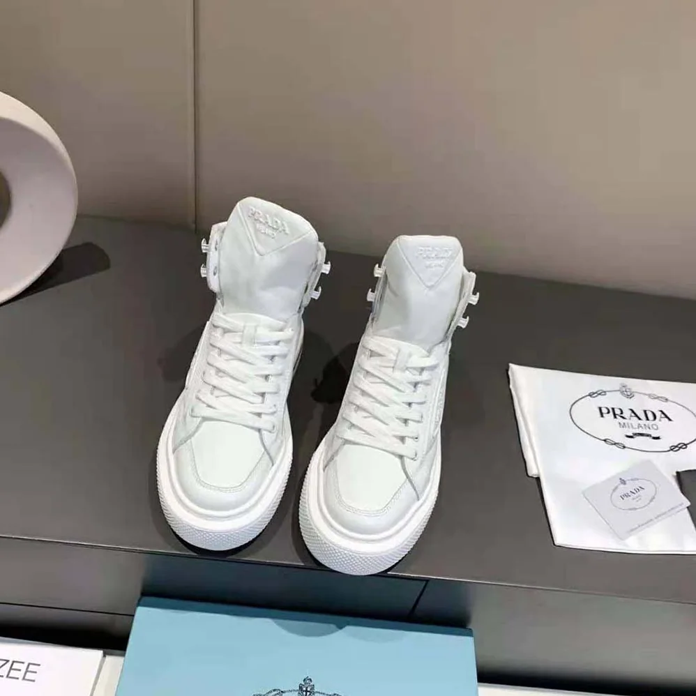 Prada Macro Re-Nylon and Brushed Leather High-top Sneakers for Women in White