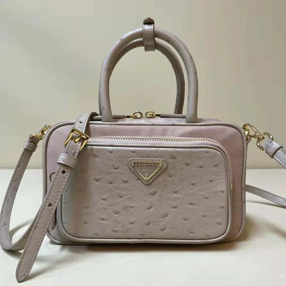 Prada Re-Nylon and Ostrich Leather Two-handle Bag for Women in Pink