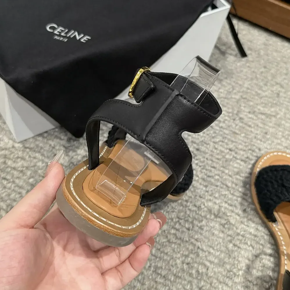 Celine Lympia Sandal in Triomphe Maccramé Cotton & Calfskin for Women in Black Celine Lympia Sandal in Triomphe Maccramé Cotton & Calfskin for Women in Black