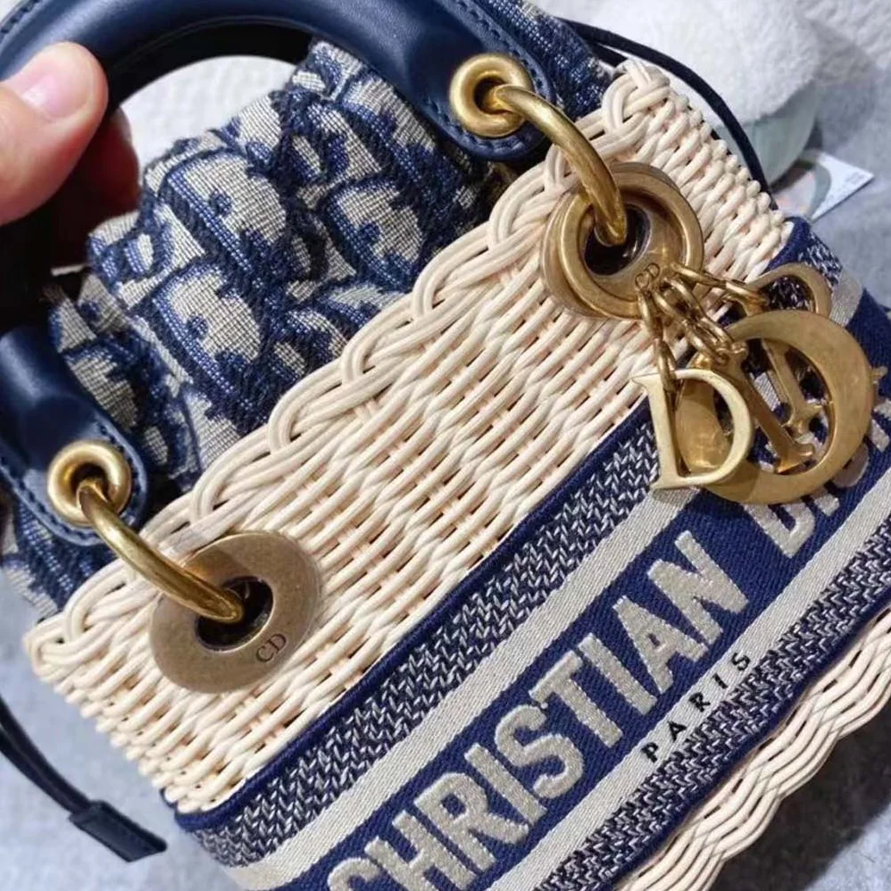 Dior Small Lady Dior Bag Natural Wicker and Blue Dior Oblique Jacquard for Women