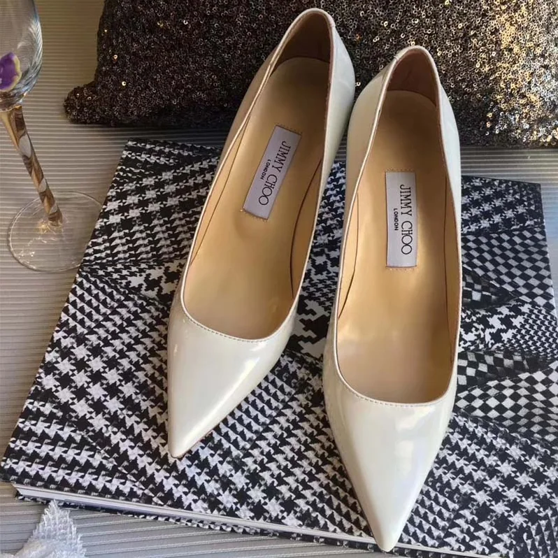 Jimmy Choo Romy 85 Patent Leather Pointy Toe Pumps Shoes for Women in White Jimmy Choo Romy 85 Patent Leather Pointy Toe Pumps Shoes for Women in White