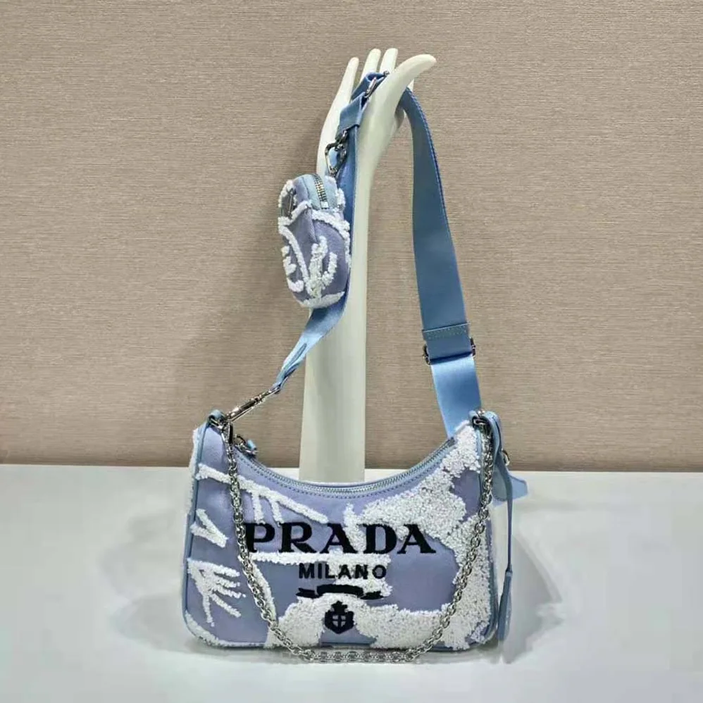 Prada Re-Edition 2006 Embroidered Drill Shoulder Bag for Women in Blue